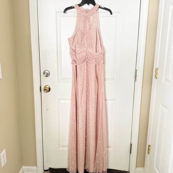 Adrianna Papell Glitter Dot Sheer Halter Neck Sleeveless Blush Pink Gown Size 12 - Picture 2 of 7